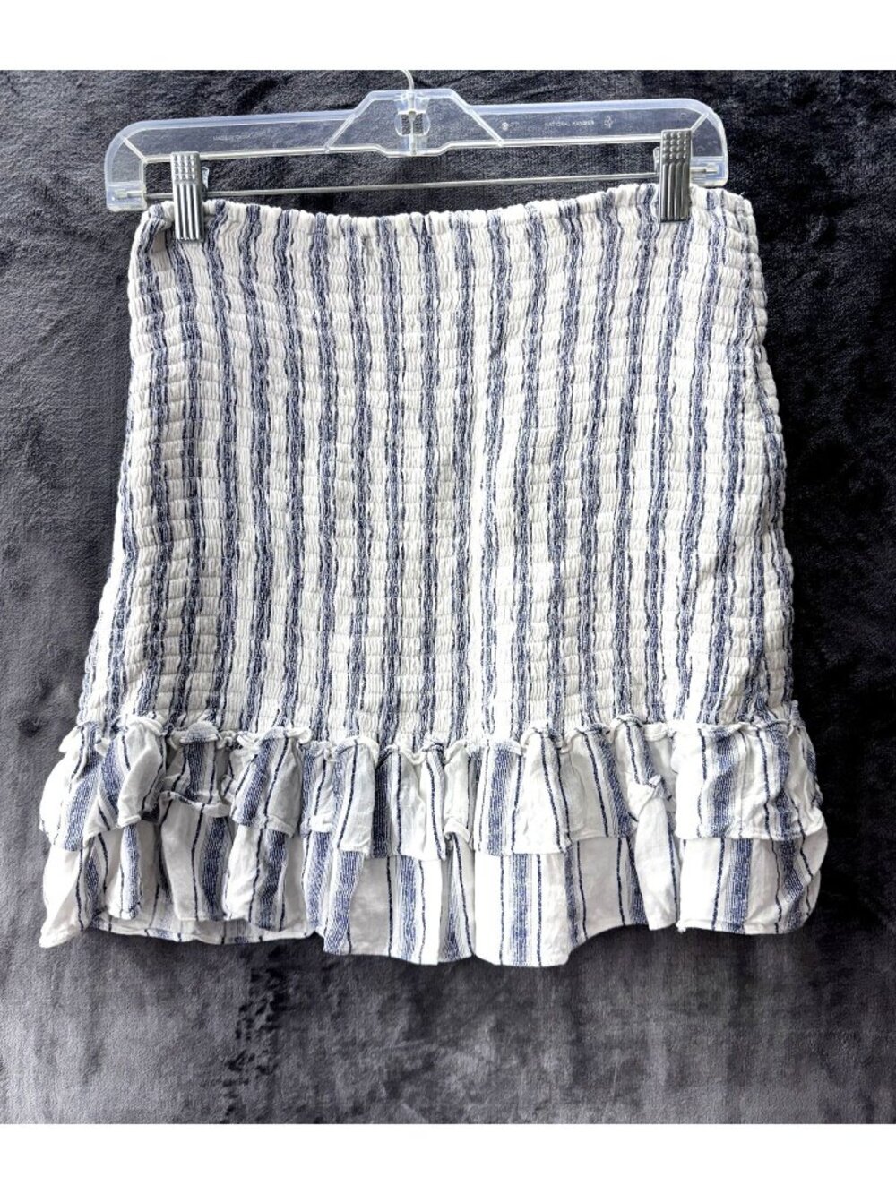 Jelen Owen x Aqua Smocked Ruffle Mini Skirt Blue White Striped Sz L